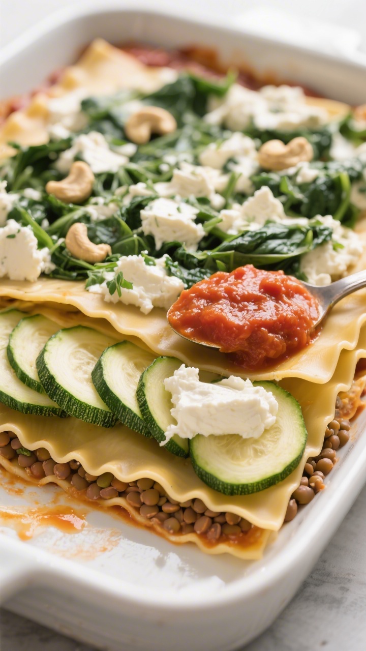 Layering detail shot: Extreme close-up of vegan lasagna mid-assembly in a 9x13 baking dish—al dent
