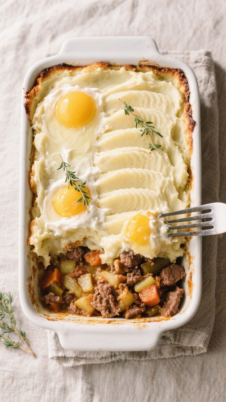 Overhead assembly and bake-ready shot: Tasty of a 9x13 baking dish with the savory meat-and-veg fill