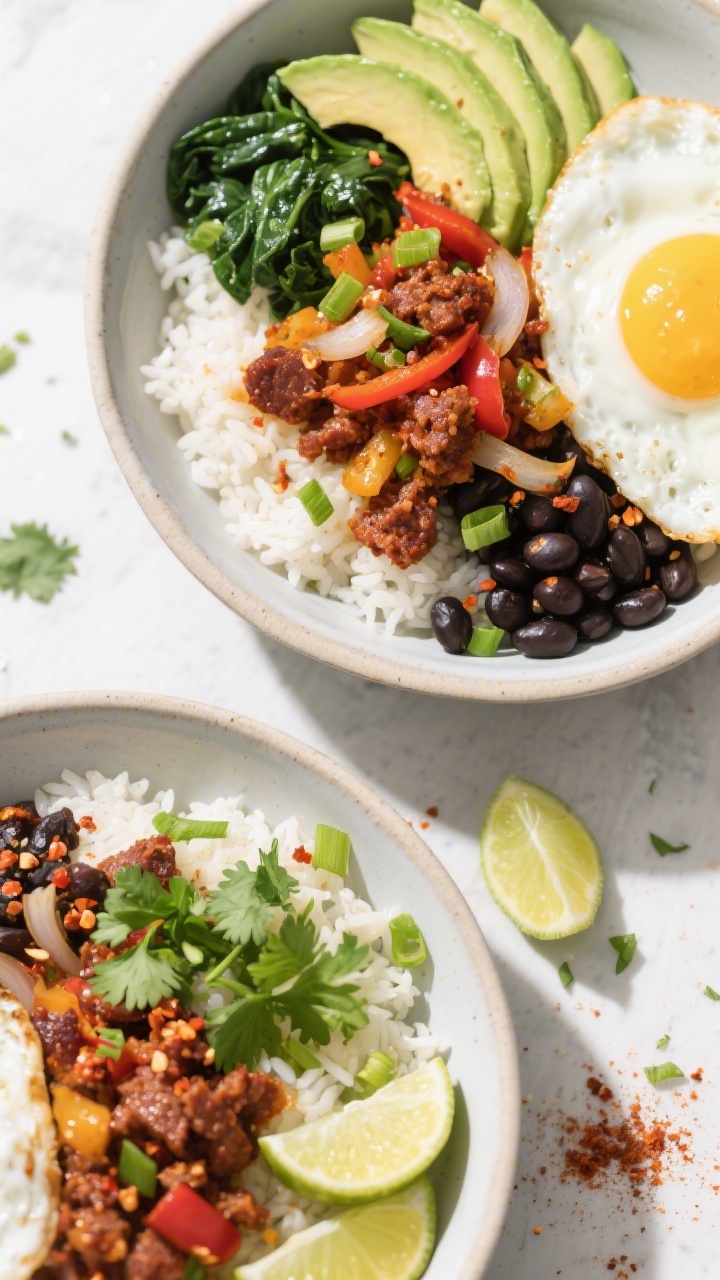 Overhead bowl assembly: Tasty top-down shot of spicy chorizo rice bowls. Fluffy white cilantro-lime