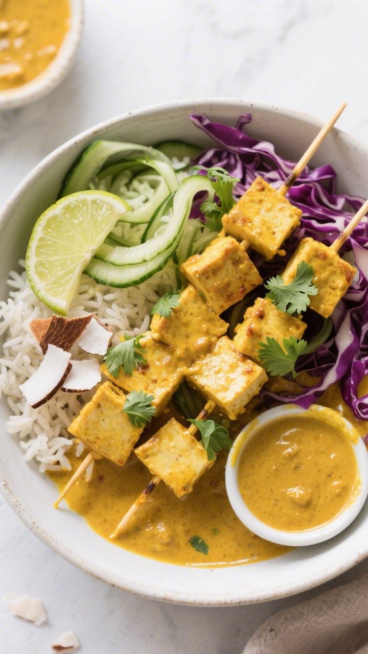 Overhead bowl, colorful and saucy: Top-down shot of Coconut Curry tofu skewers (cubes off the skewer