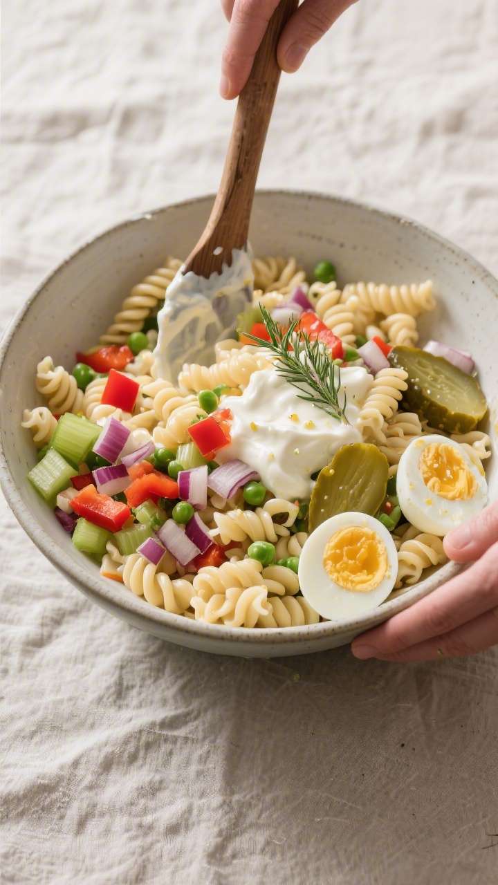 Overhead “combine and coat” moment: Large mixing bowl with cooled macaroni being gently folded i