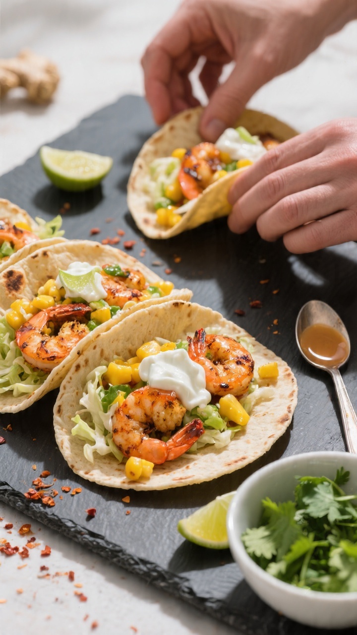 Overhead cooking process shot: Shrimp tacos being assembled on a slate board—warm corn tortillas f