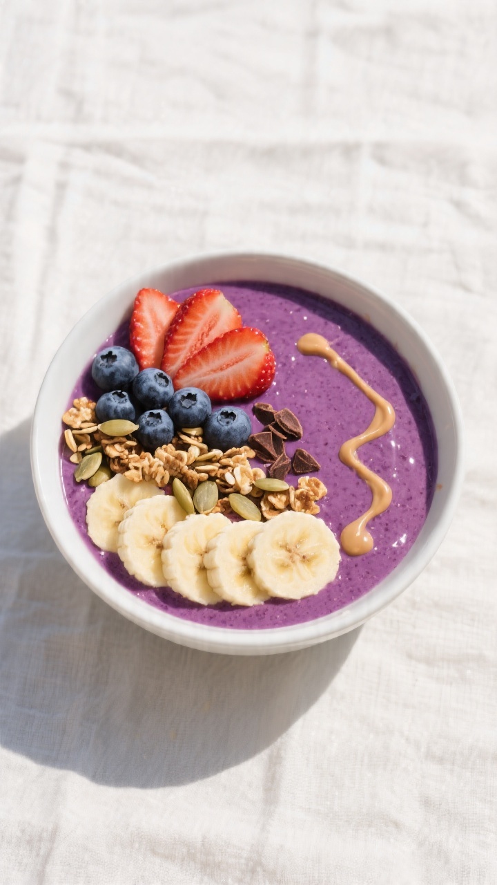 Overhead final bowl: Tasty of a high-protein smoothie bowl with a vivid berry-purple hue, smoothed s