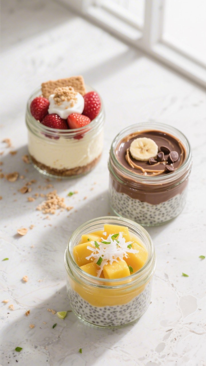Overhead final dish shot: Three chia pudding cups arranged on a light stone surface, each a differen