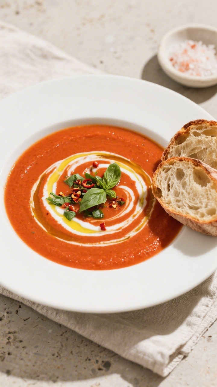Overhead final presentation of Creamy Tomato Basil Soup: velvety, deeply red-orange surface in a wid