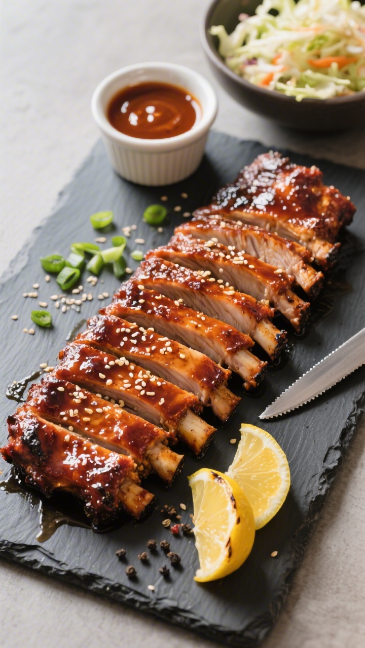 Overhead final presentation: Sliced BBQ ribs arranged in a neat shingled rack on a dark slate board,