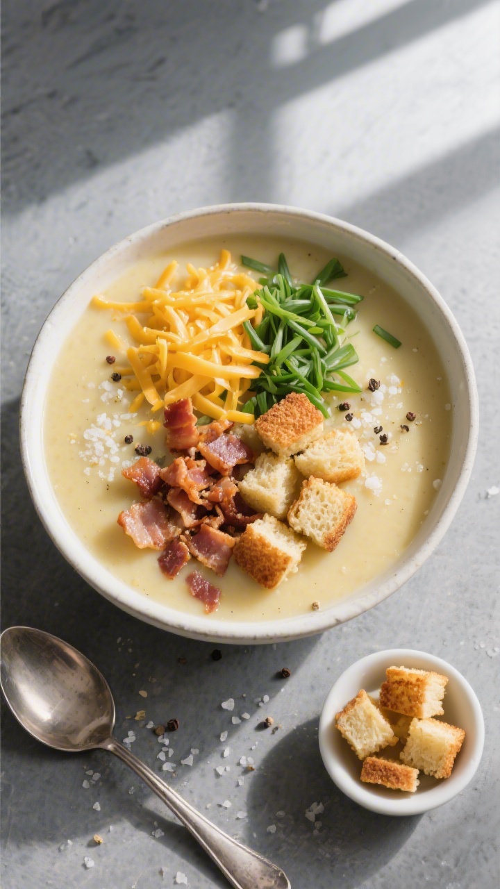 Overhead “loaded style” top view: Tasty top-down shot of a hearty bowl of potato soup on a slate
