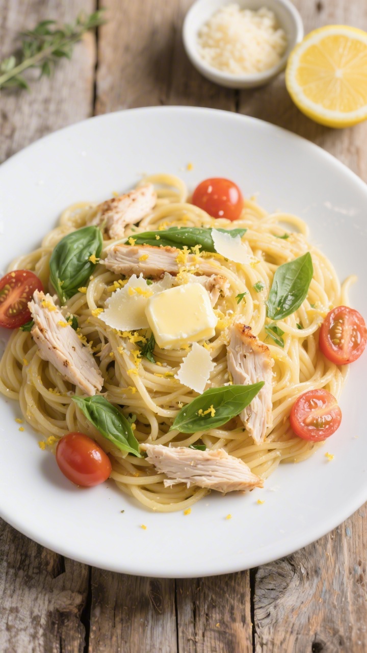 Overhead plated presentation: Lemon-herb rotisserie chicken pasta, of al dente spaghetti tossed with