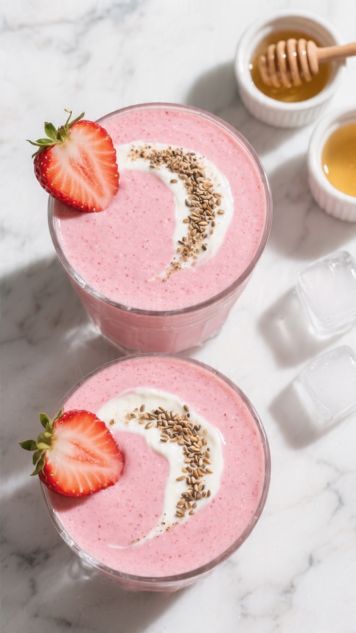 Overhead plated/top view: Tasty top-down shot of two strawberry smoothies side-by-side showing gloss