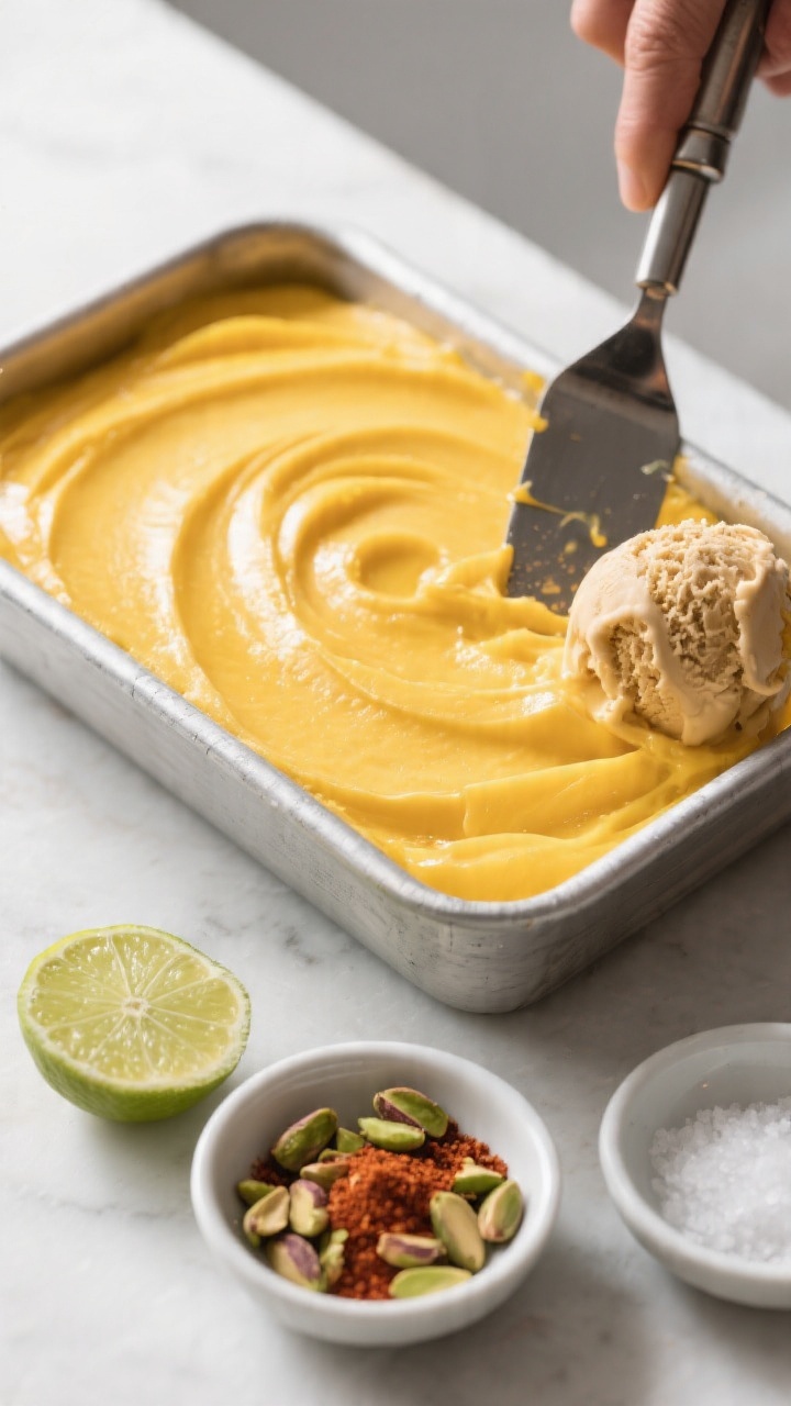 Overhead process-to-serve transition: Top-down shot of the mango dessert spread in a shallow rectang