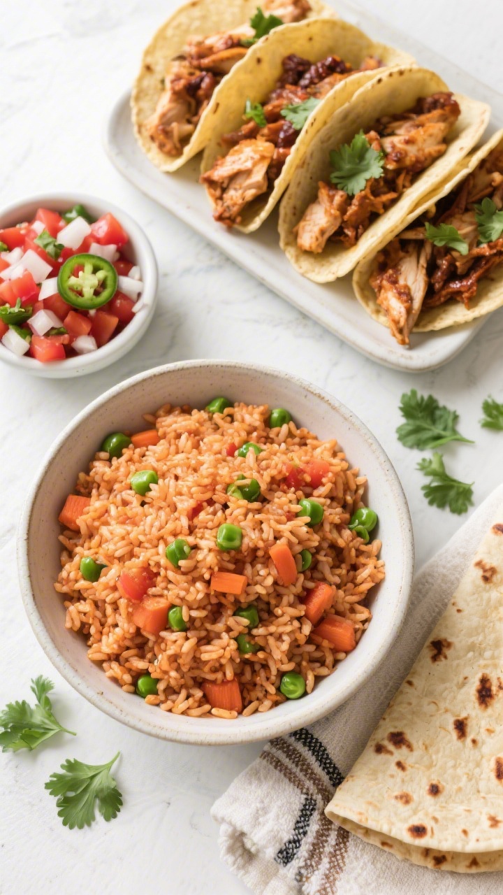 Overhead set meal: Top-down shot of a cozy Mexican dinner spread—bowl of fluffy, tomato-tinted Mex