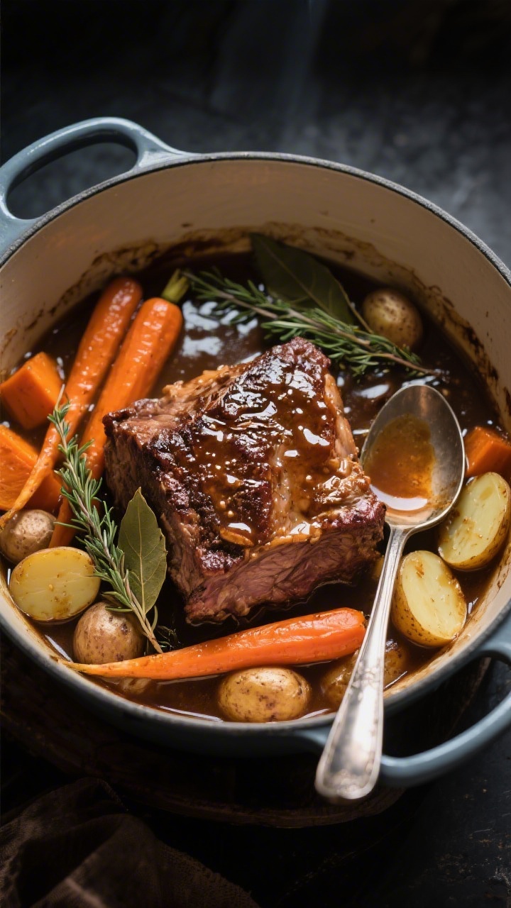 Overhead shot: Dutch oven just out of the oven with the fully braised roast nestled in glossy, reduc