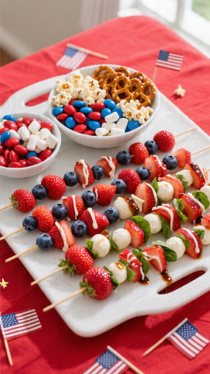 Overhead shot of a 4th of July snack board featuring final-prepared items: neat rows of Patriotic Fr