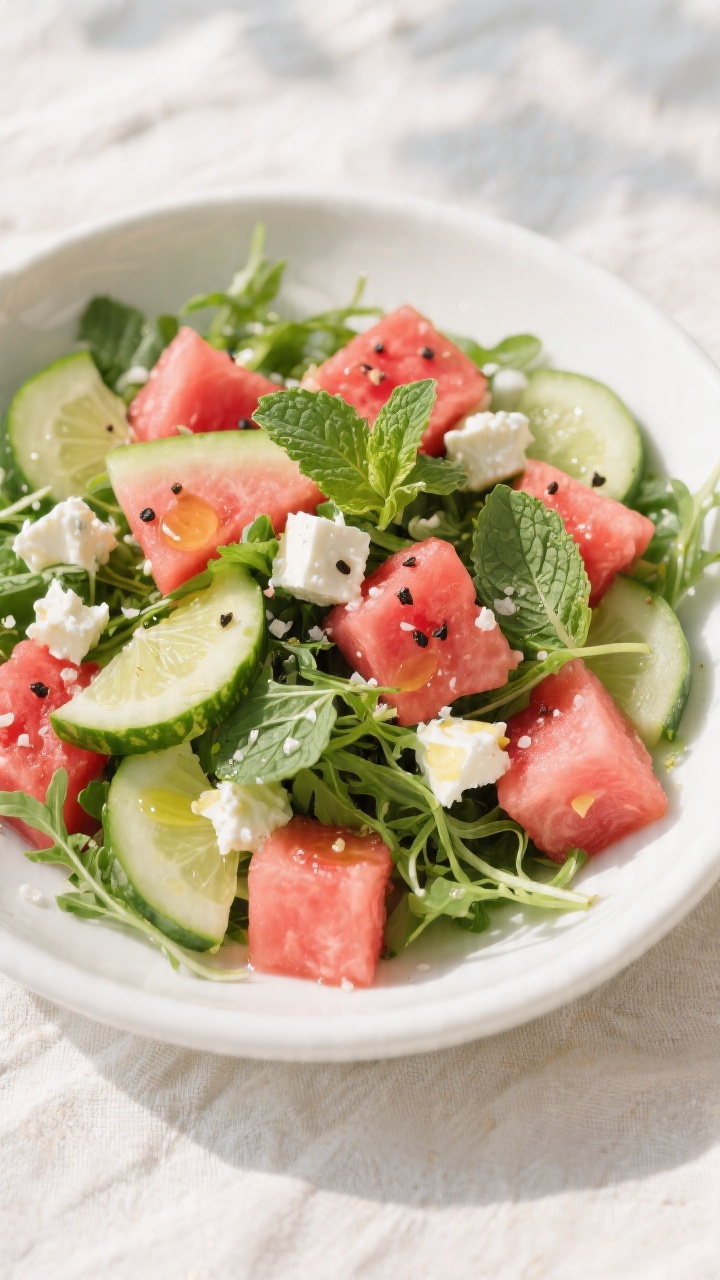 Overhead shot of a “Watermelon, Feta, and Mint” summer salad fully assembled: arugula base piled