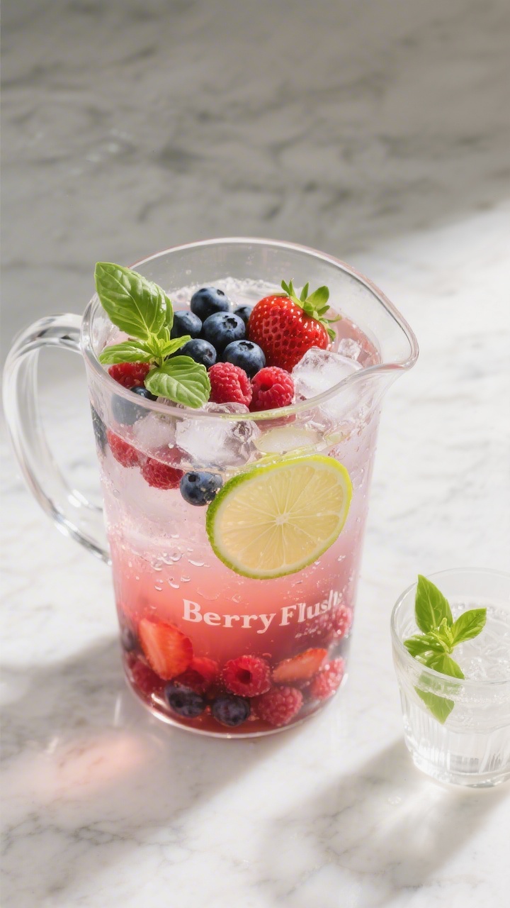 Overhead shot of a “Berry Flush” pitcher ready to serve: mixed berries (strawberries, blueberrie