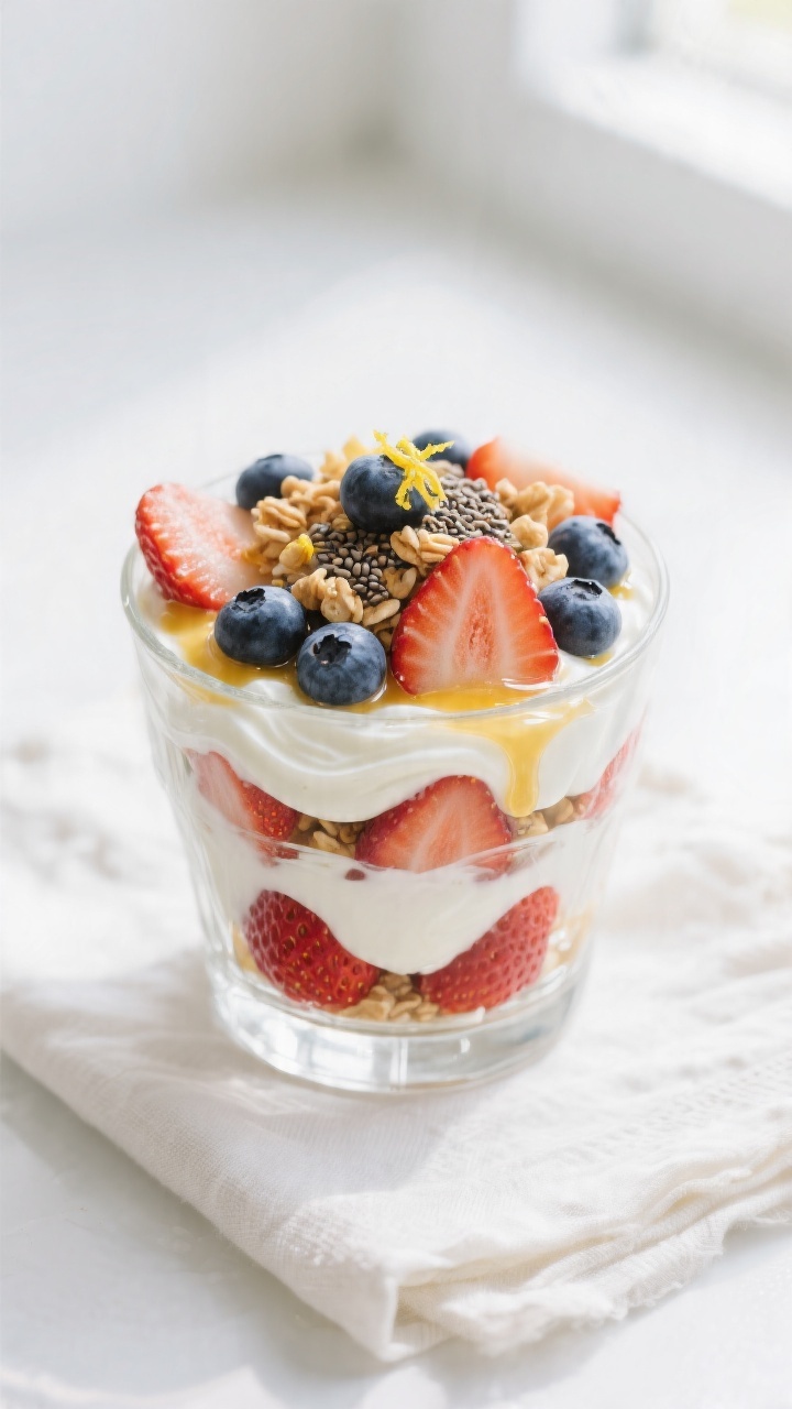 Overhead shot of a Berry Yogurt Parfait in a clear glass: thick swirls of plain Greek yogurt layered