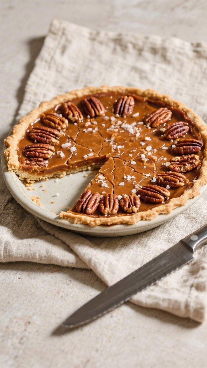 Overhead shot of a fully cooled pecan pie on a simple ceramic pie dish, perfectly set with a shiny,