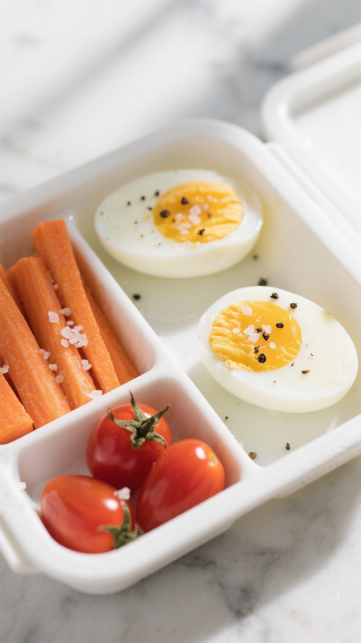 Overhead shot of a meal-prep style Egg and Veggie Snack Box: two perfectly peeled hard-boiled eggs h