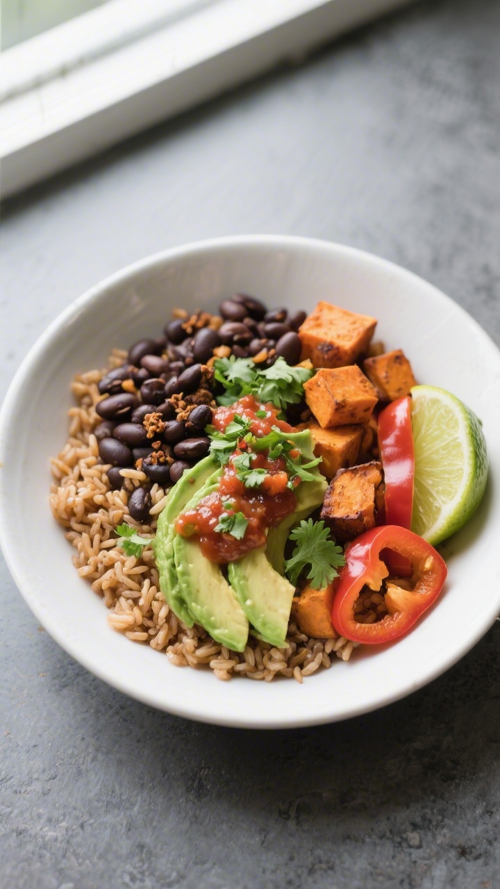 Overhead shot of a Tex-Mex burrito bowl assembled from the Week 1 prep: fluffy brown rice base toppe
