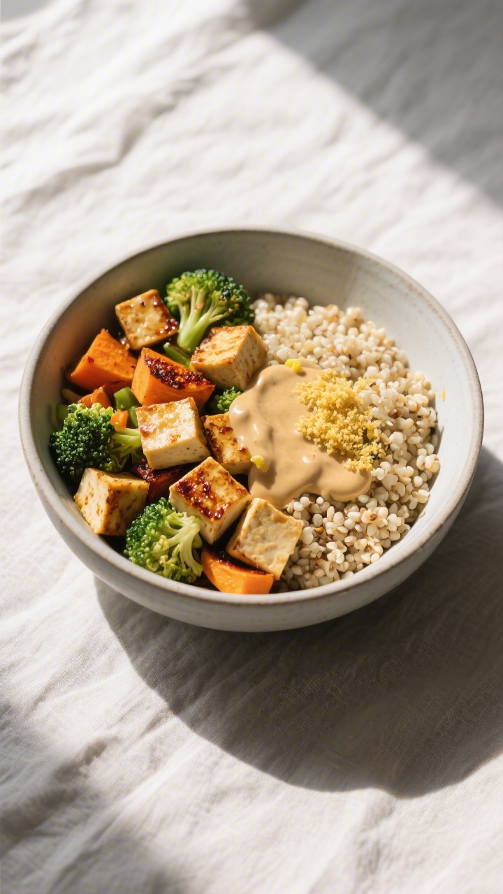 Overhead shot of a Tofu Quinoa Power Bowl: 1 cup fluffy quinoa, roasted broccoli-carrot-sweet potato