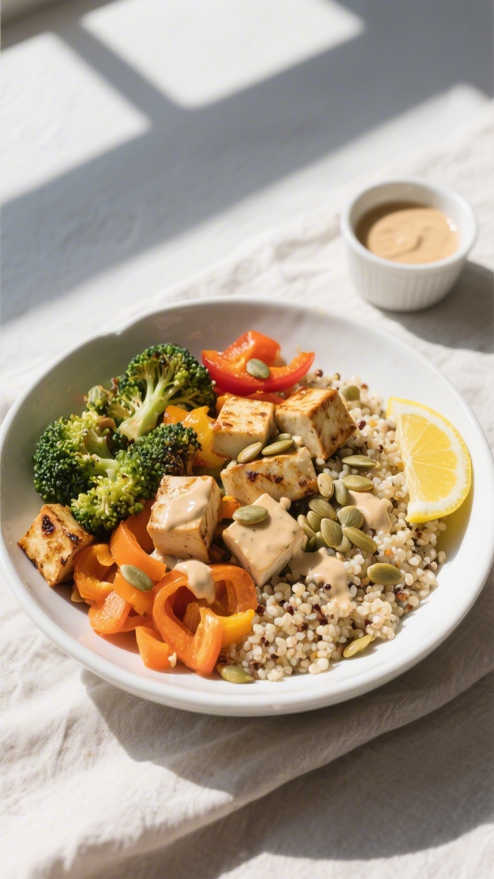 Overhead shot of a vibrant tofu quinoa bowl assembled for lunch: fluffy quinoa base topped with roas