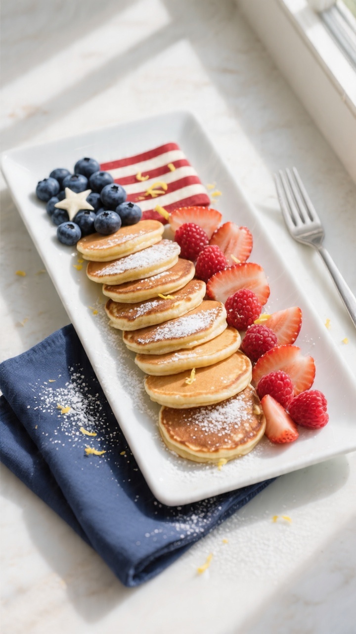 Overhead shot of Berry Flag Pancakes arranged on a white rectangular platter: rows of fluffy silver-