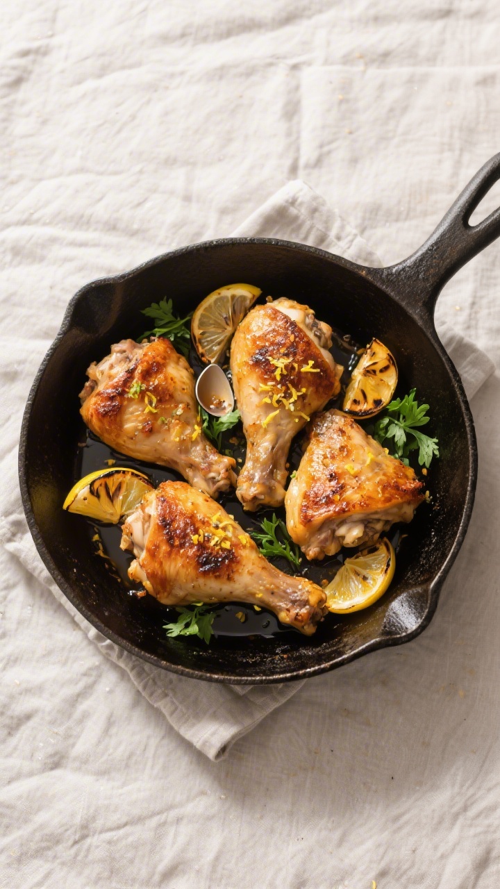 Overhead shot of finished crispy chicken thighs just out of the oven, arranged skin-side up in the s