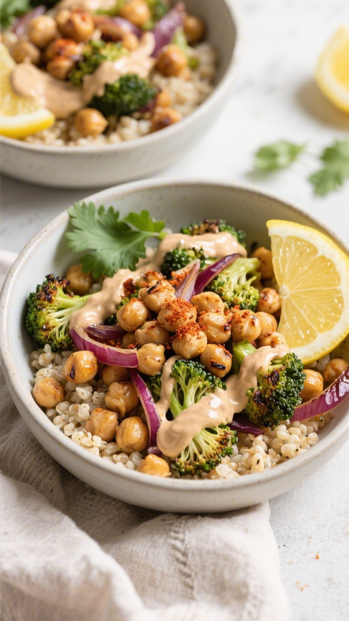 Overhead shot of Sheet Pan Lemon-Tahini Chickpea Bowls after assembly: fluffy quinoa base topped wit