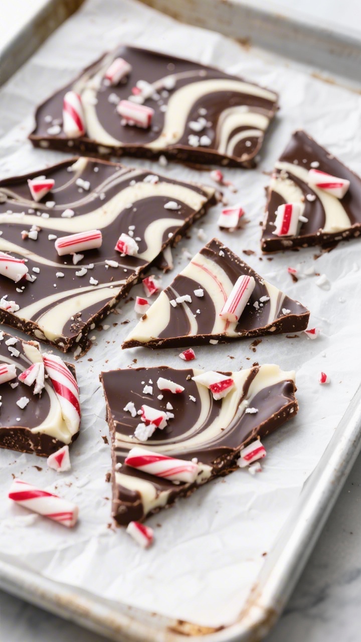Overhead shot of swirled chocolate peppermint bark set and broken into irregular pieces on a parchme