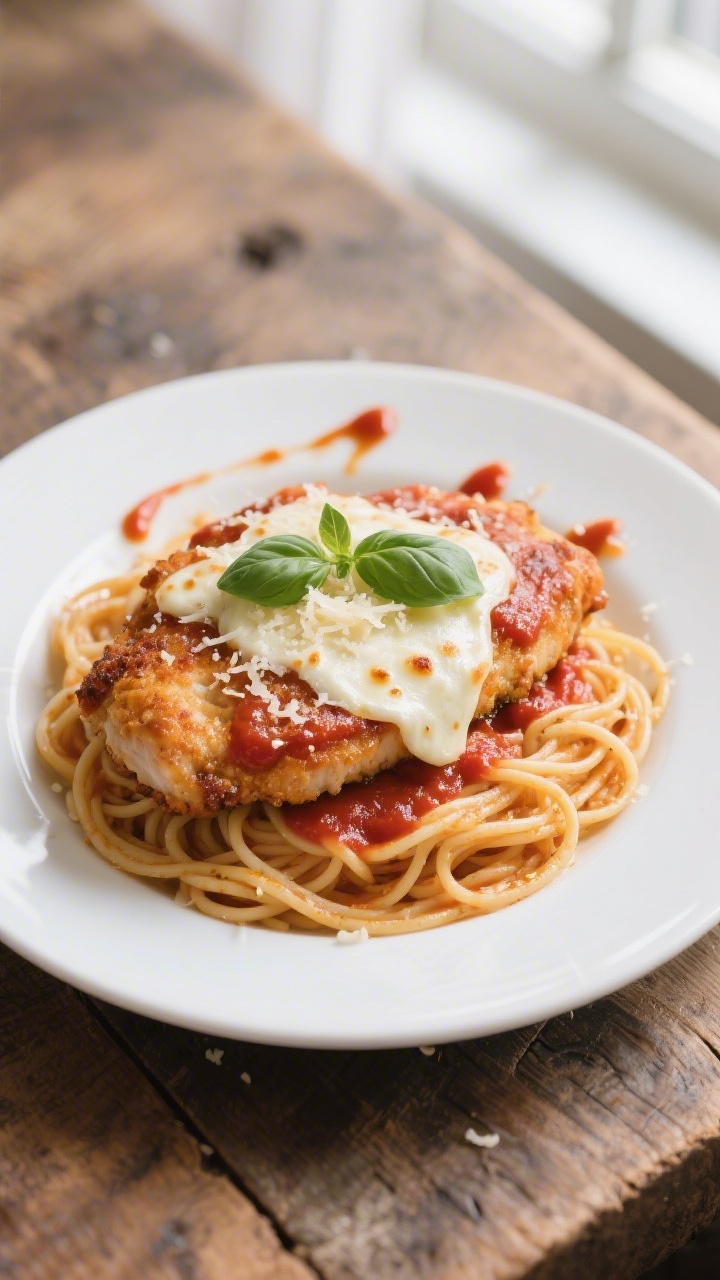 Overhead shot of the finished Chicken Parmesan plated over twirls of spaghetti: thin layer of bright