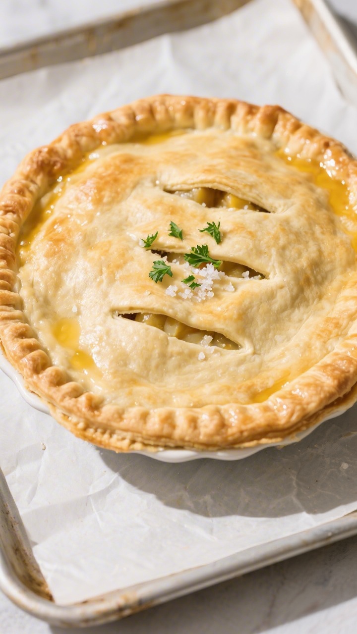 Overhead “tasty top view” before baking: Top-down shot of the assembled pot pie in a 9-inch pie