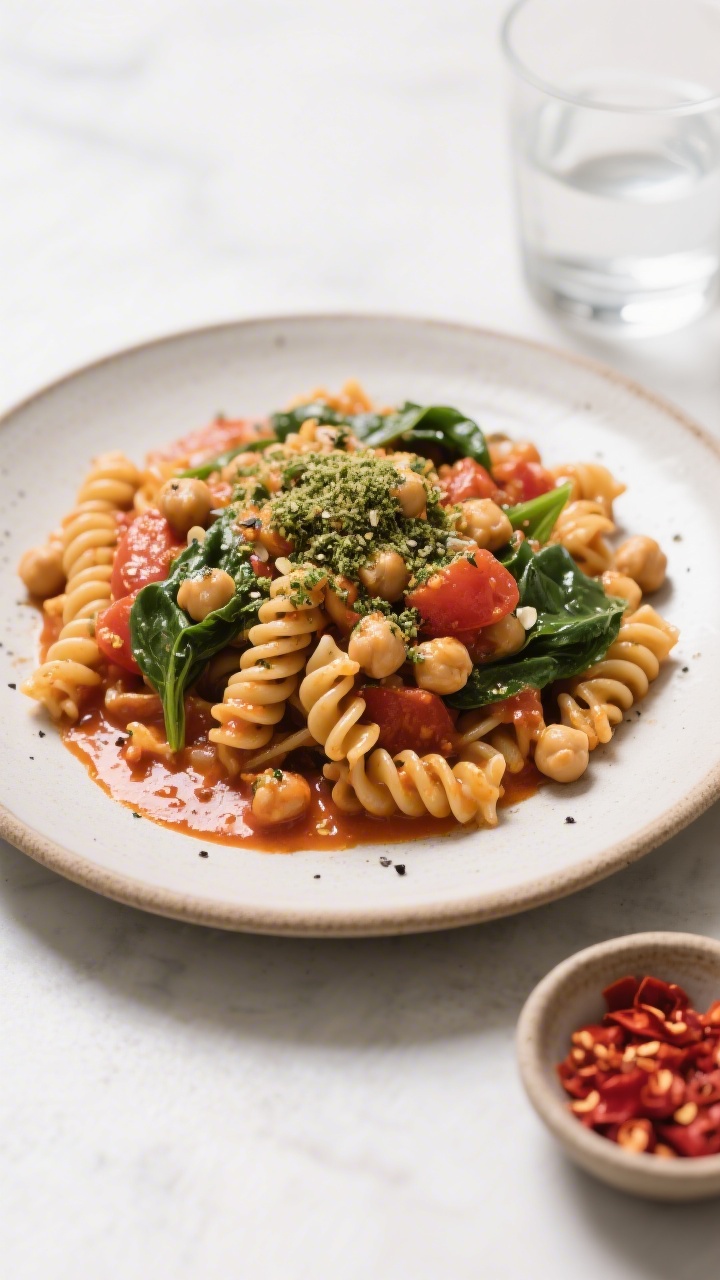 Overhead tasty top view: Chickpea Pasta with Tomato Nooch Sauce, whole wheat pasta spirals coated in