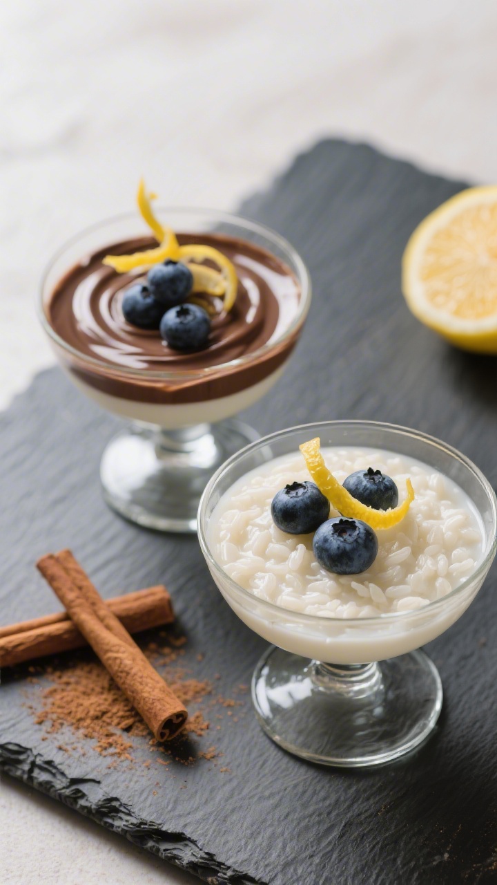 Overhead “tasty top view”: Chilled rice pudding served in two small coupe glasses, smooth set su