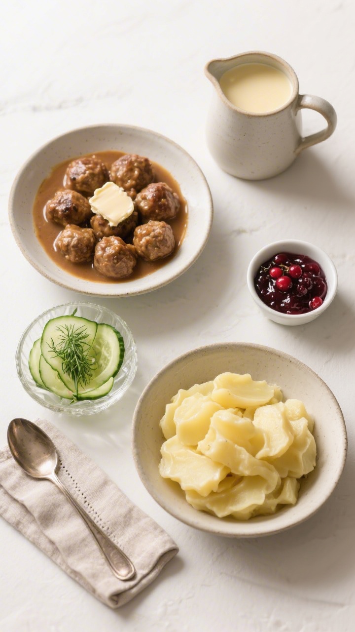 Overhead tasty top view: Complete Swedish dinner spread arranged symmetrically—shallow bowl of mea