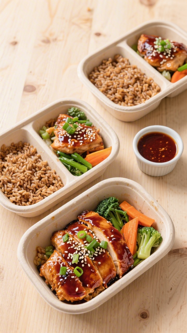 Overhead “tasty top view” meal-prep spread: Four neatly arranged containers on a light wood surf