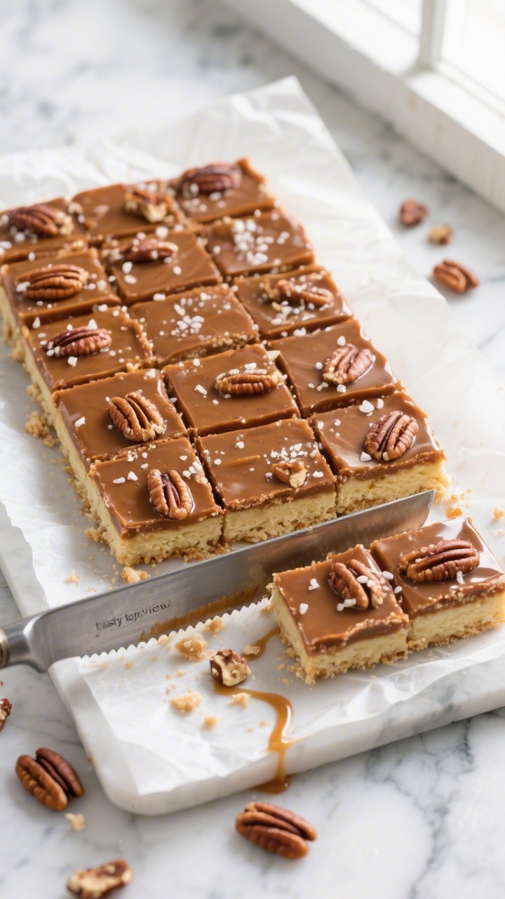 Overhead “tasty top view” of a chilled slab being sliced into neat bars: clean, sharp squares wi