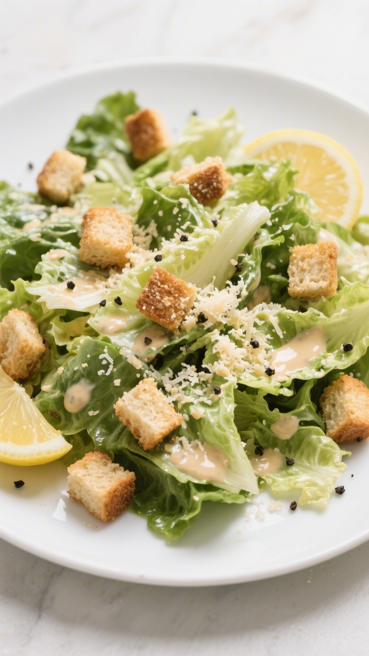 Overhead “tasty top view” of a classic vegan Caesar salad fully tossed: crisp romaine leaves gli
