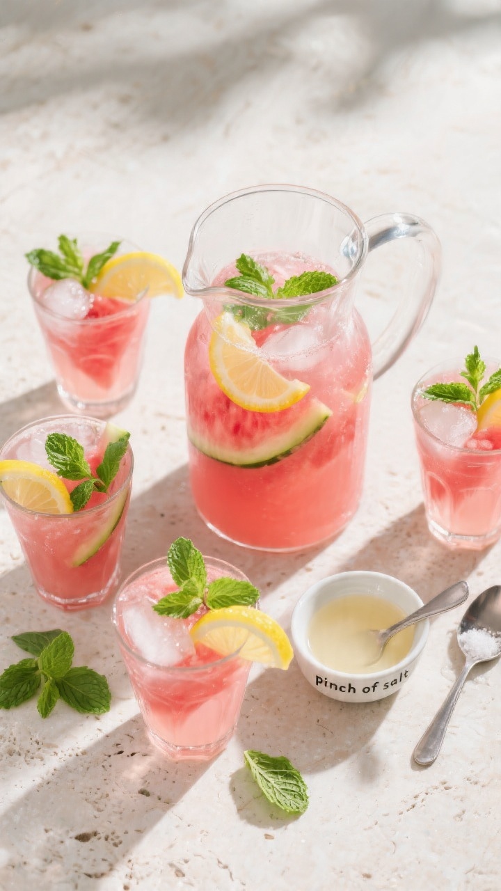 Overhead “tasty top view” of a final presentation: a clear pitcher of watermelon mint lemonade o