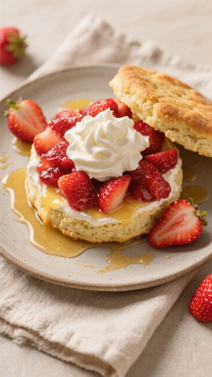 Overhead tasty top view of the assembled classic strawberry shortcake: bottom half of a tender biscu