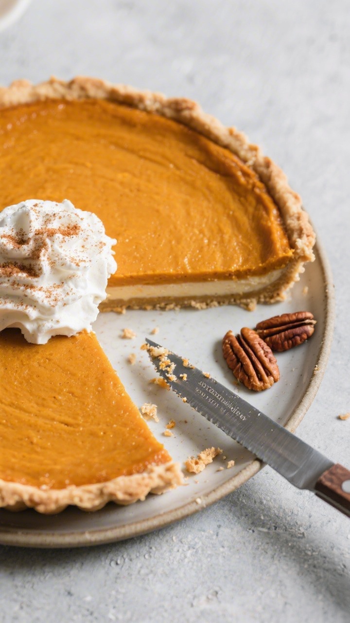 Overhead “tasty top view” of the chilled and sliced vegan pumpkin pie on a 9-inch pie dish, clea