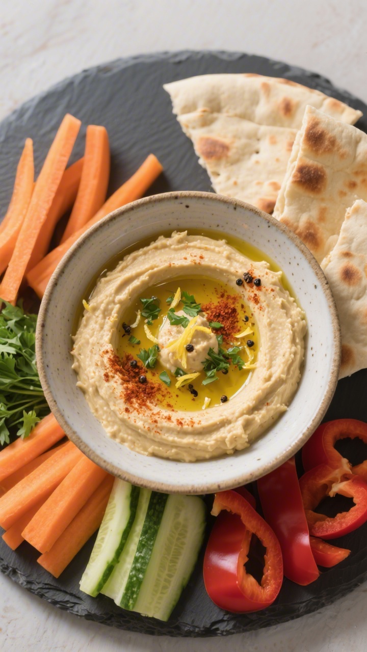 Overhead “tasty top view” of the final hummus served in a wide, shallow ceramic bowl; a well for