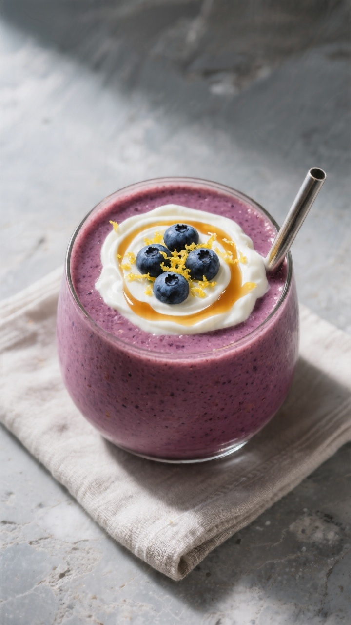 Overhead “tasty top view” of the final Lemon Blueberry Smoothie in a wide, low tumbler, richly c