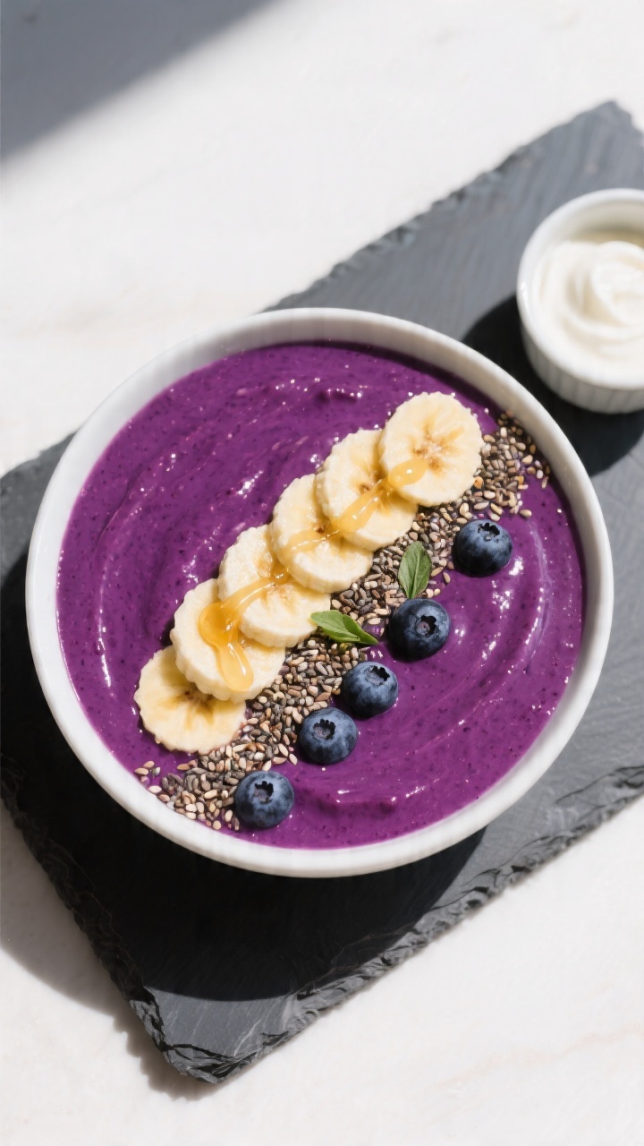 Overhead “tasty top view” of the final Purple Power Immunity Smoothie served as a smoothie bowl,