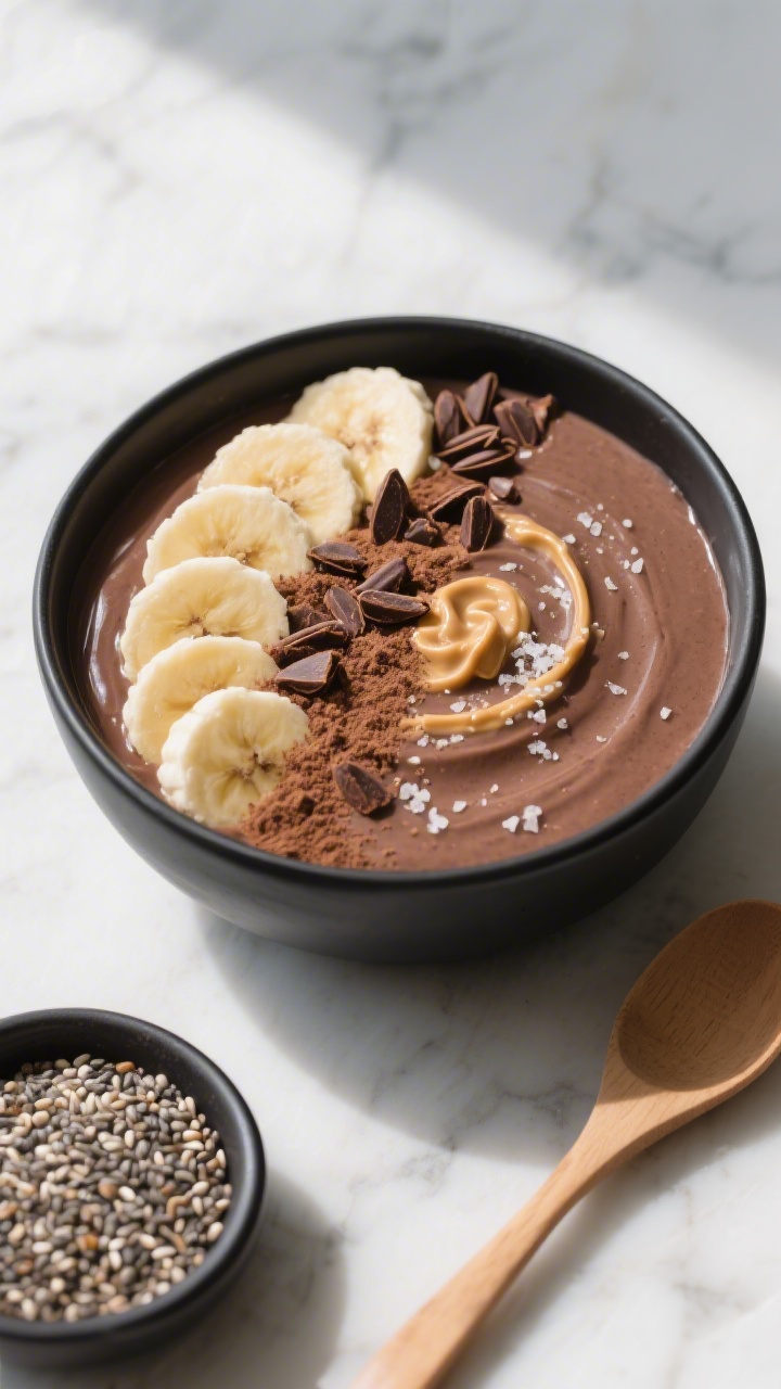 Overhead “tasty top view” of the final shake served as a smoothie bowl variation: ultra-thick, s