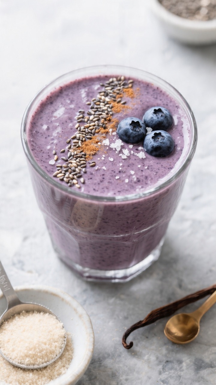 Overhead tasty top view of the finished Blueberry Keto Chia Smoothie in a modern, wide-mouth glass, 