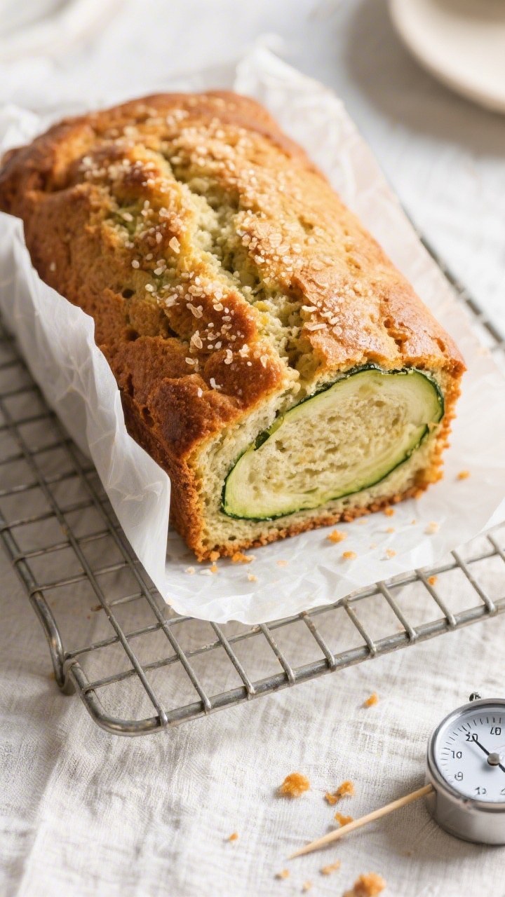 Overhead “tasty top view” of the whole zucchini bread loaf on a wire cooling rack with a parchme