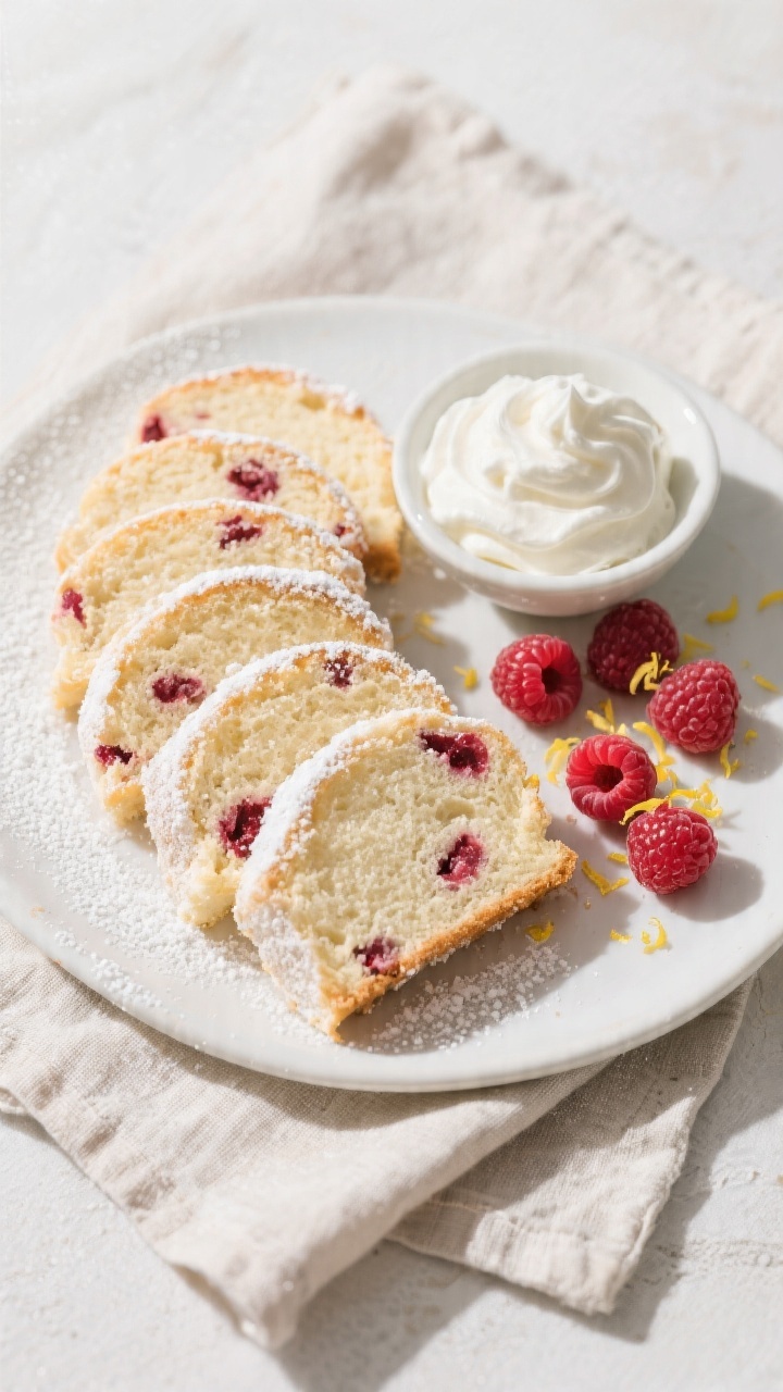 Overhead, tasty top-view of thick, cloudlike slices of raspberry angel food cake arranged in a loose