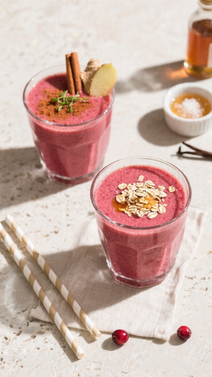 Overhead tasty top view of two finished Apple Cranberry Smoothies on a light stone surface, deep red