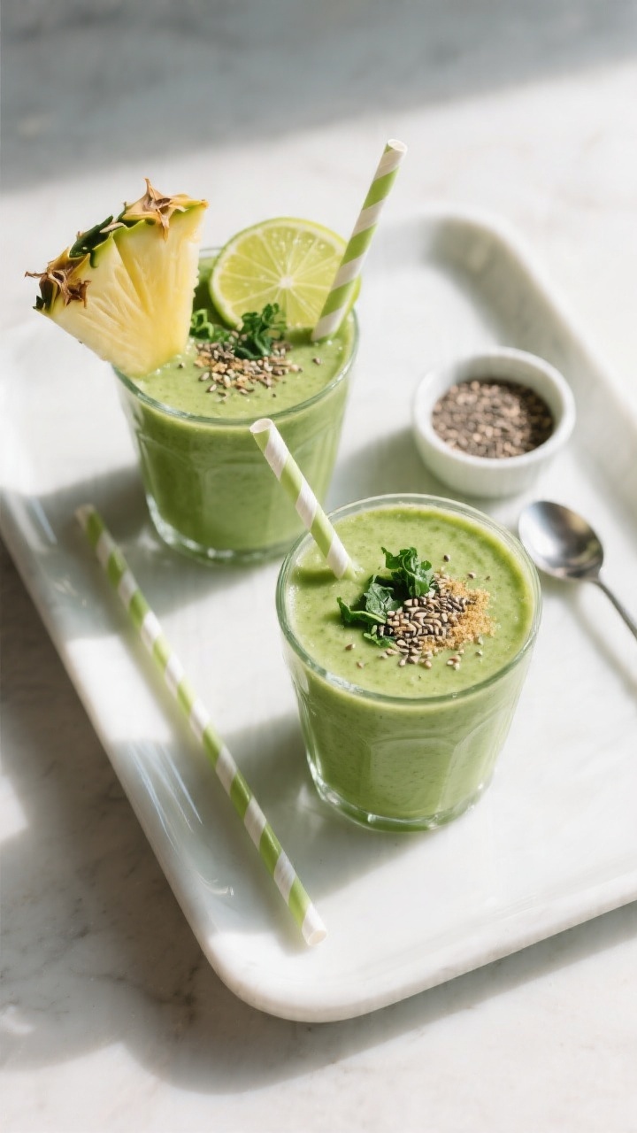 Overhead “tasty top view” of two finished Kale Pineapple Ginger Smoothies on a matte white tray;