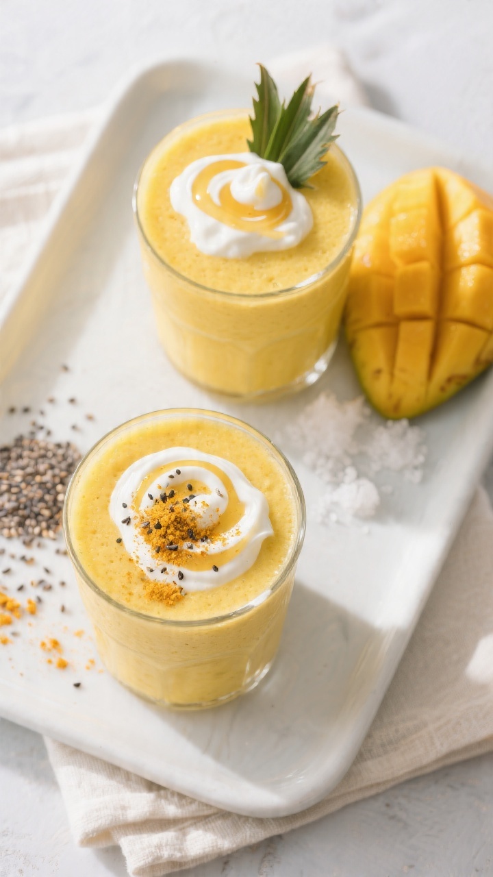 Overhead “tasty top view” of two finished Mango Pineapple Smoothies on a matte white tray, toppe